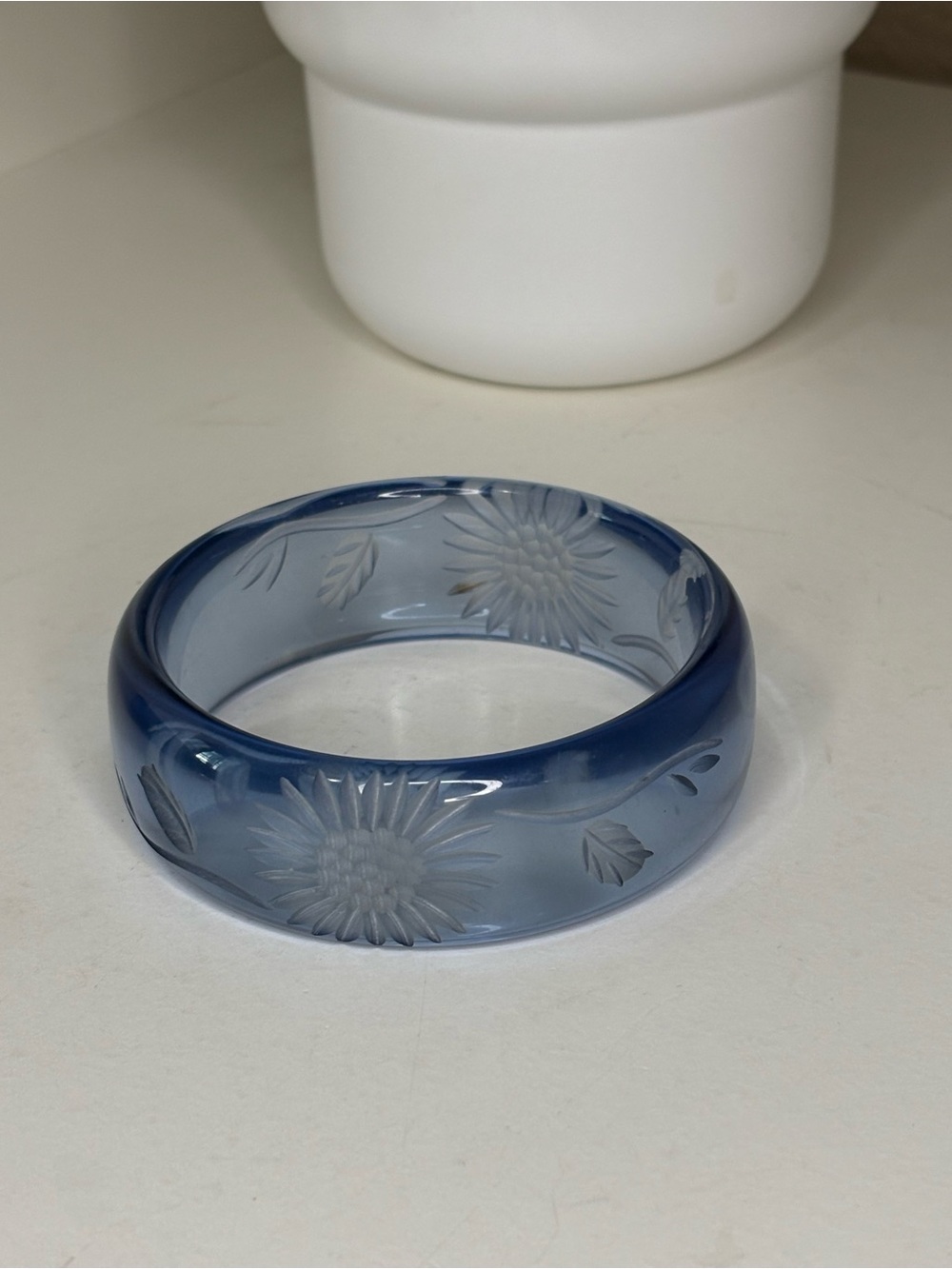 Vintage Blue Reverse Carved Lucite Sunflower Floral Chunky Bangle